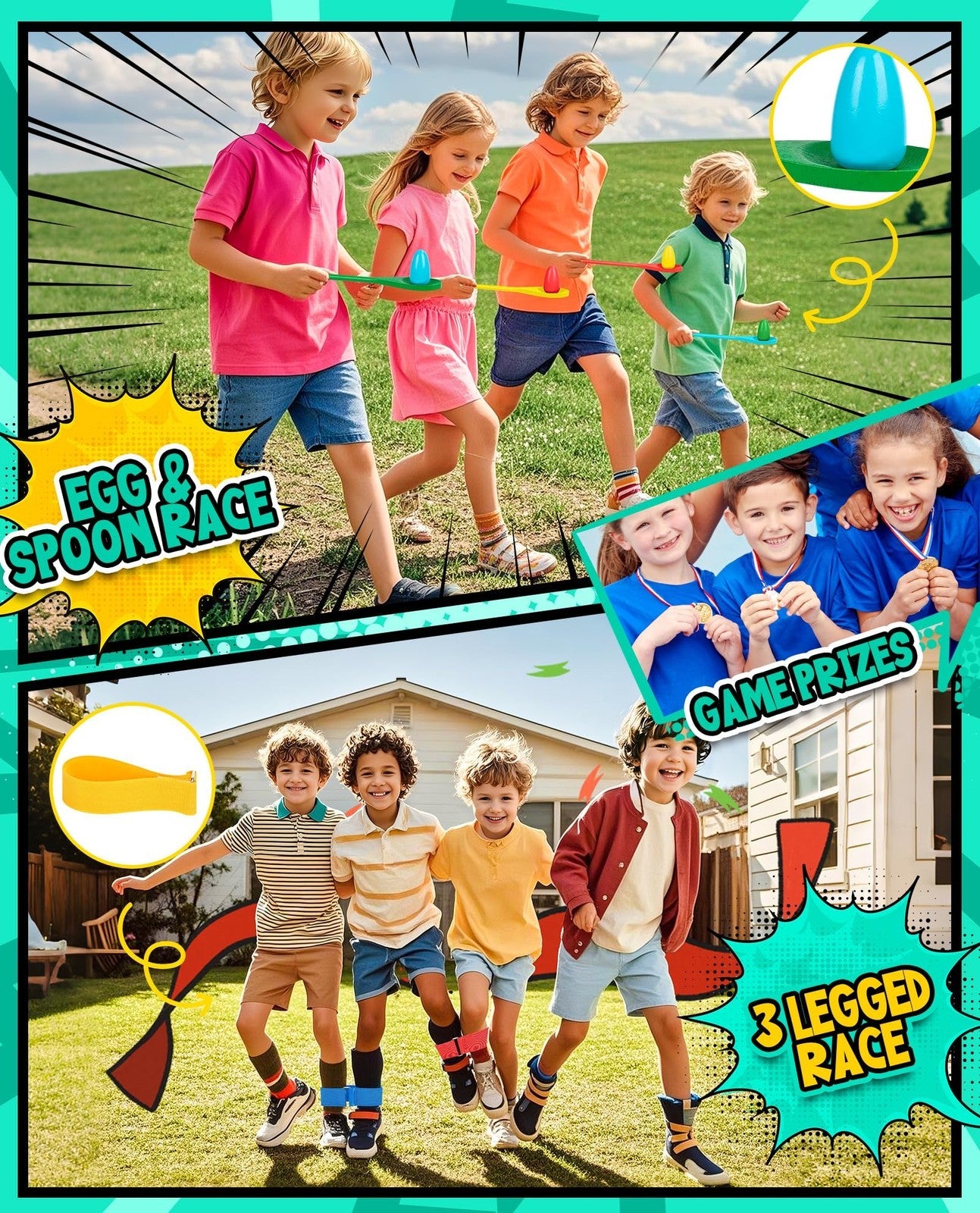 Outdoor Carnival Game Set Ages 3 Years and Up – Potato Sack Racing Bags & Egg Spoon Relay