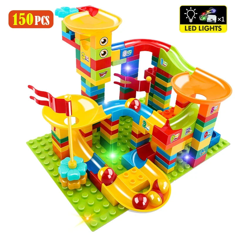 Marble Race Building Blocks Set with LED Light, Slide, Funnel, and Ferris Wheel for Kids Ages 4+, City Brick Toy, Multiple Set Options