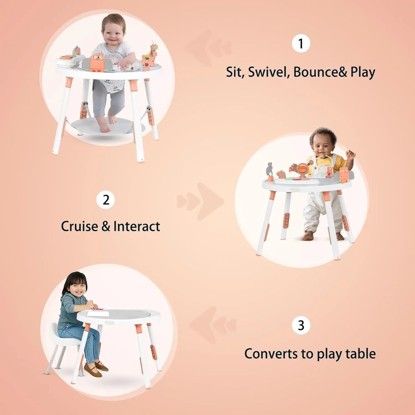 3-in-1 baby activity centre jumper and table with removable toys and 360° rotating seat