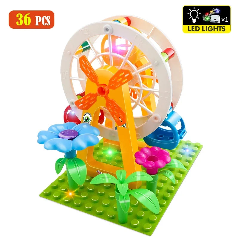 Marble Race Building Blocks Set with LED Light, Slide, Funnel, and Ferris Wheel for Kids Ages 4+, City Brick Toy, Multiple Set Options
