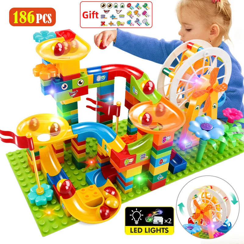 Marble Race Building Blocks Set with LED Light, Slide, Funnel, and Ferris Wheel for Kids Ages 4+, City Brick Toy, Multiple Set Options