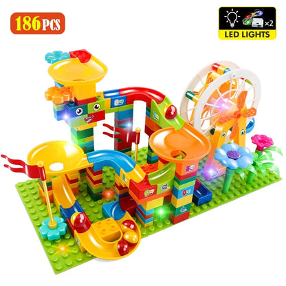Marble Race Building Blocks Set with LED Light, Slide, Funnel, and Ferris Wheel for Kids Ages 4+, City Brick Toy, Multiple Set Options