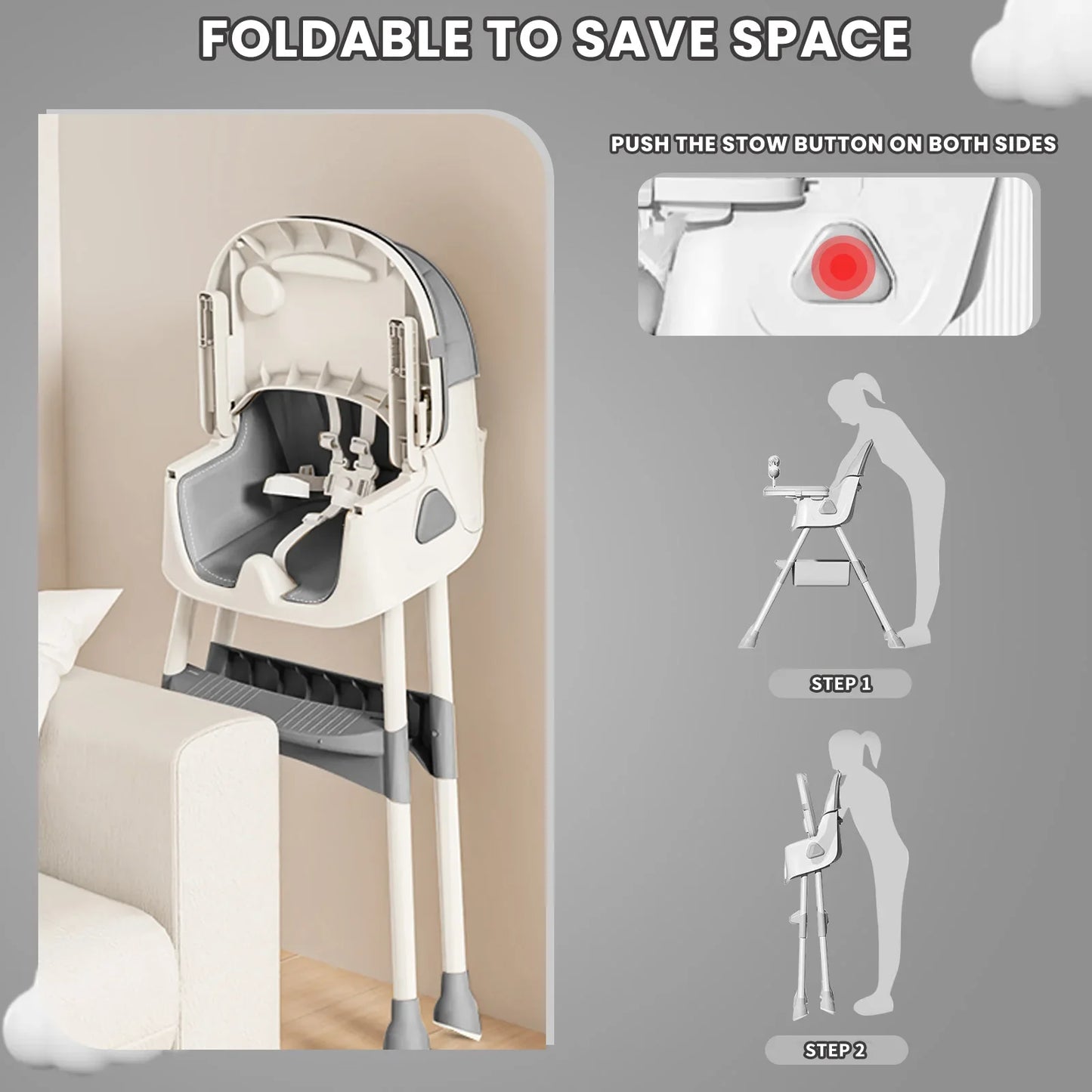 Foldable Baby High Chair with Anti-Slip Base, Toy Rack, and Removable Tray – Ages 6 Months+