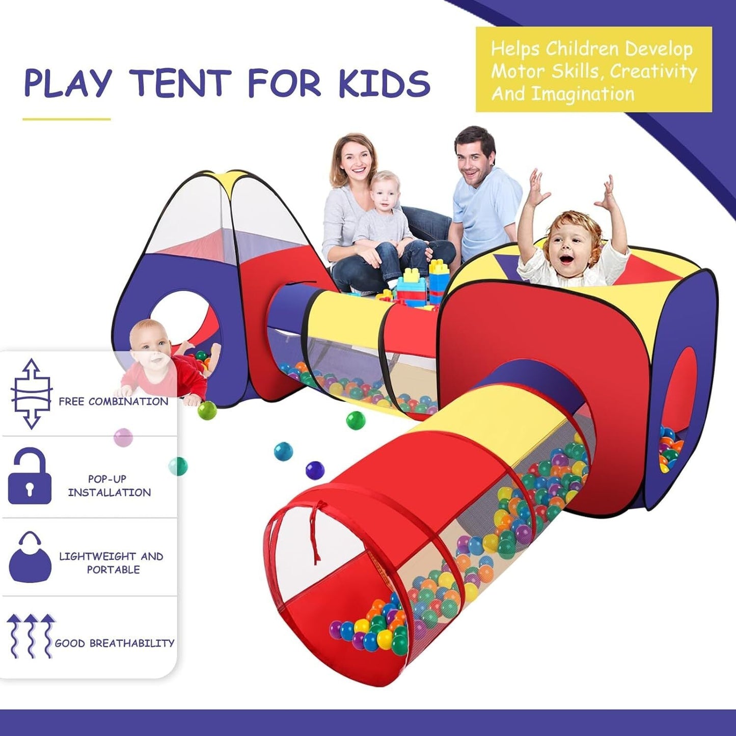 4-in-1 Kids Play Tent with Tunnel and Ball Pit – Portable Pop-Up Playhouse Ages 1+