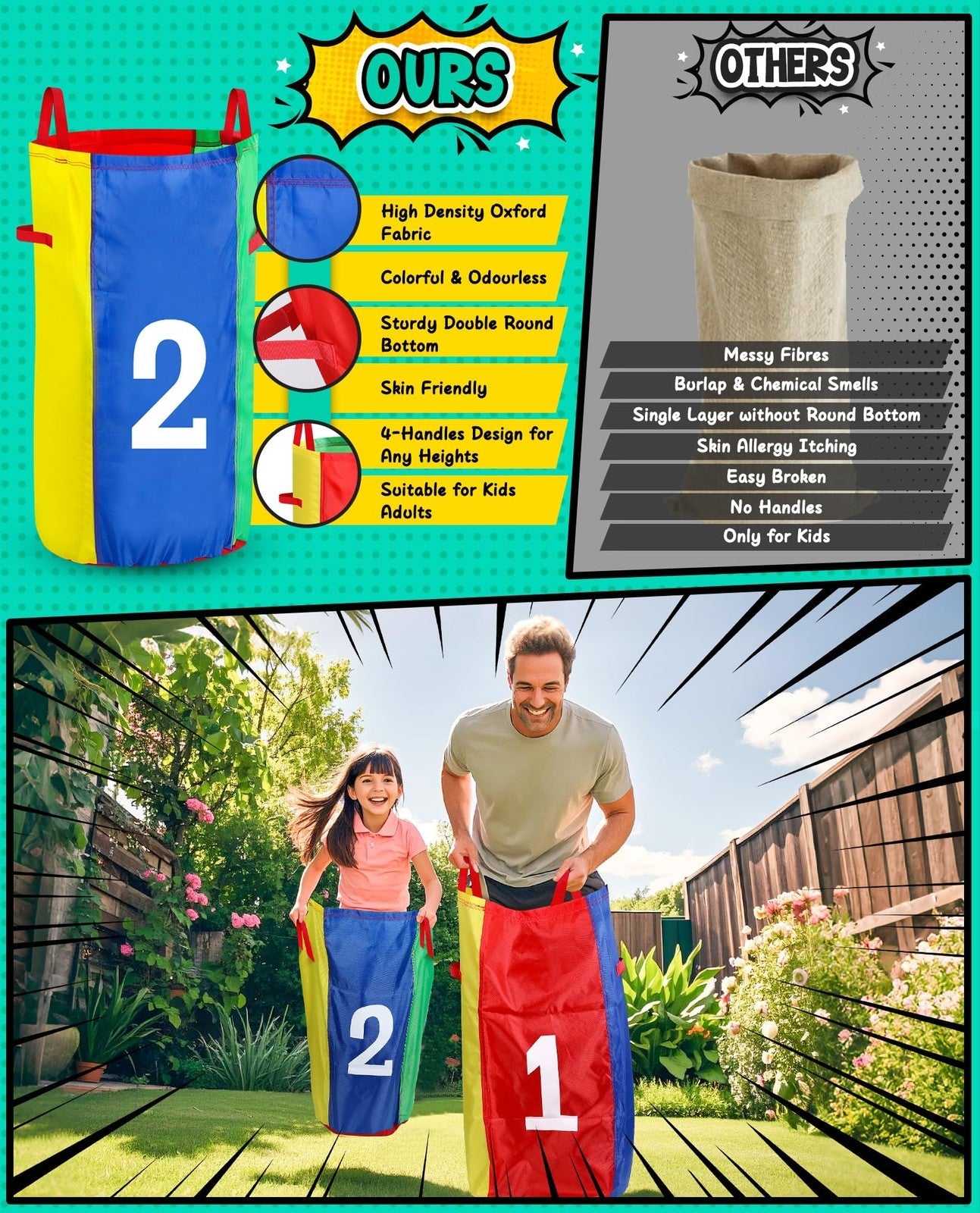 Outdoor Carnival Game Set Ages 3 Years and Up – Potato Sack Racing Bags & Egg Spoon Relay