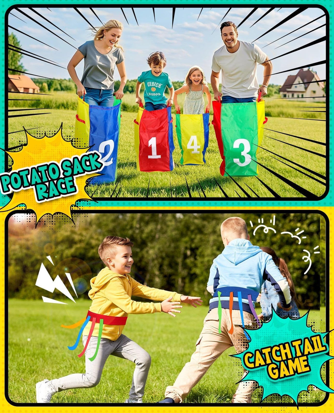 Outdoor Carnival Game Set Ages 3 Years and Up – Potato Sack Racing Bags & Egg Spoon Relay