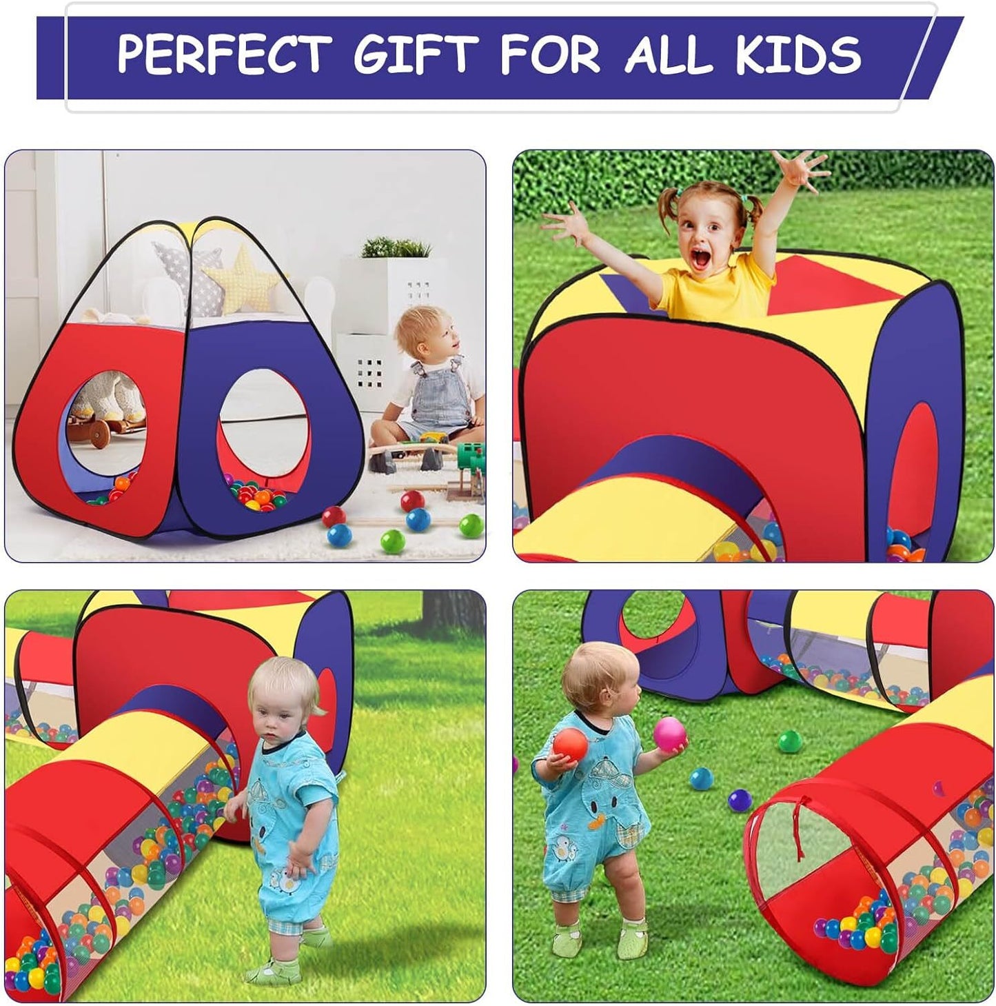 4-in-1 Kids Play Tent with Tunnel and Ball Pit – Portable Pop-Up Playhouse Ages 1+