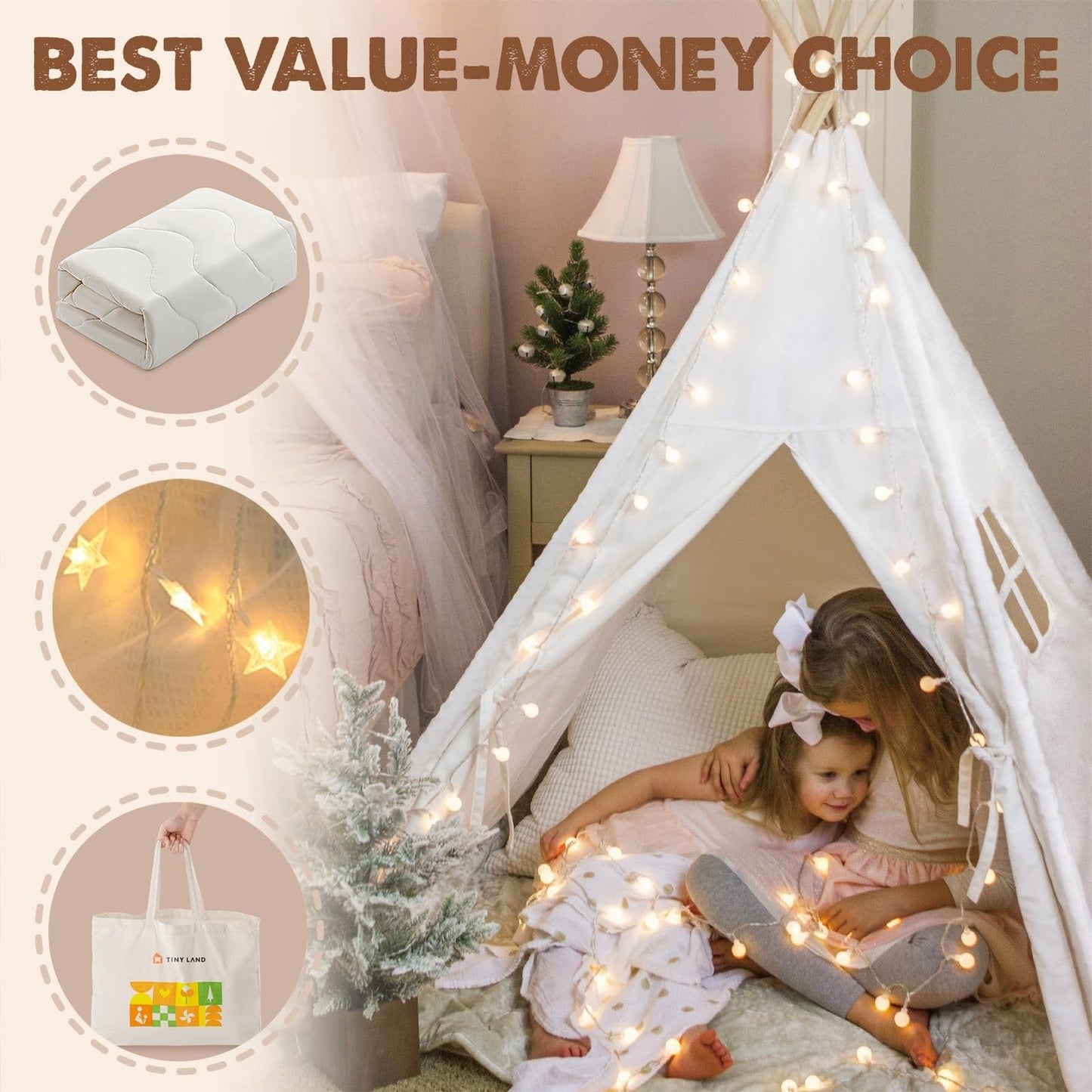 Kids Teepee Tent with Padded Mat, Fairy Lights & Carry Bag – Indoor Play Tent Ages 3+