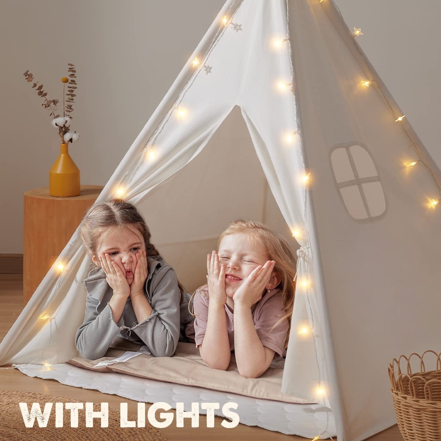 Kids Teepee Tent with Padded Mat, Fairy Lights & Carry Bag – Indoor Play Tent Ages 3+