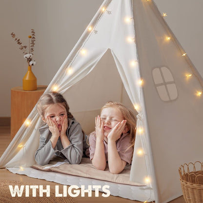 Kids Teepee Tent with Padded Mat, Fairy Lights & Carry Bag – Indoor Play Tent Ages 3+