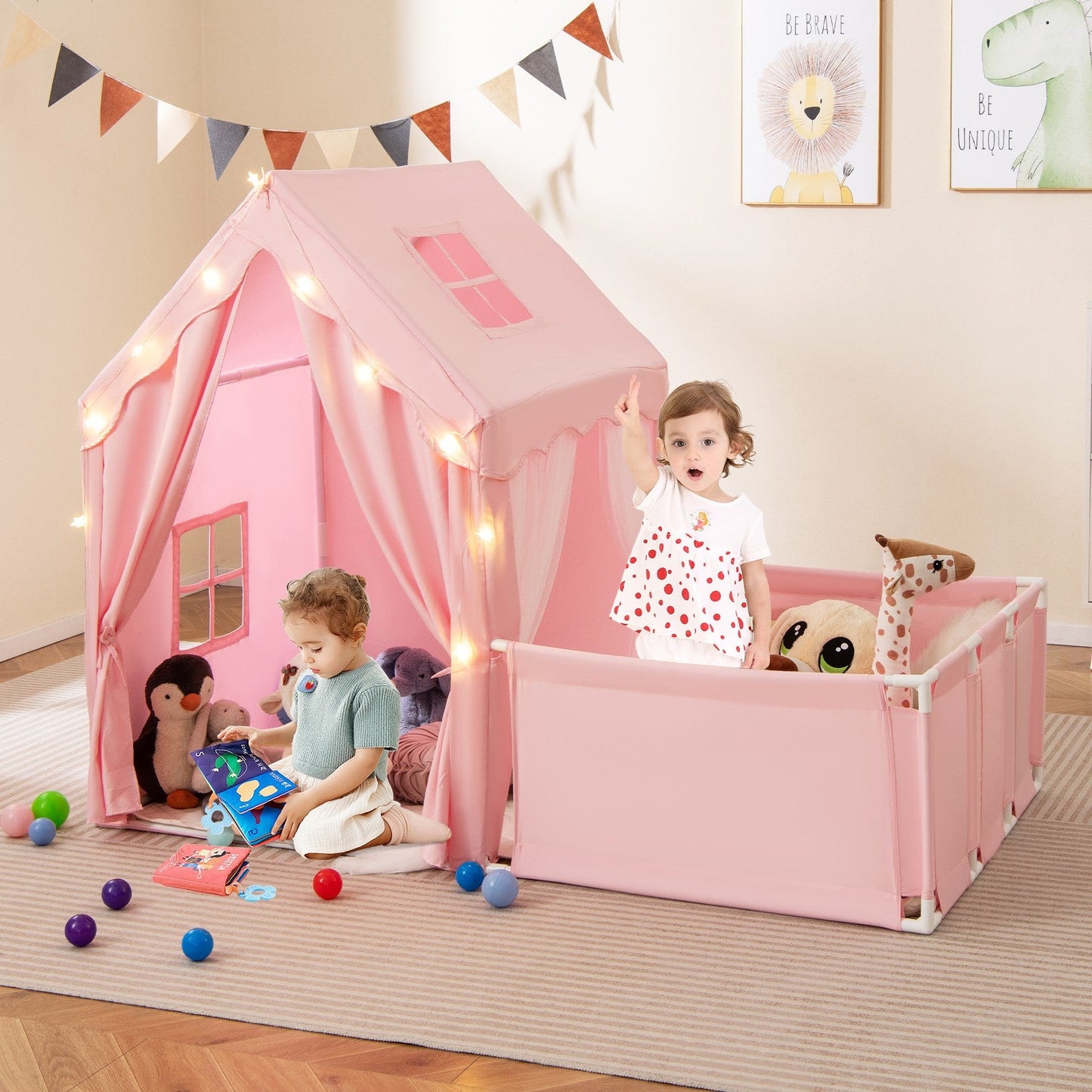 COSTWAY Kids 2-in-1 Play Tent & Toddler Playpen – Pink Indoor Playhouse for Kids Ages 1–5