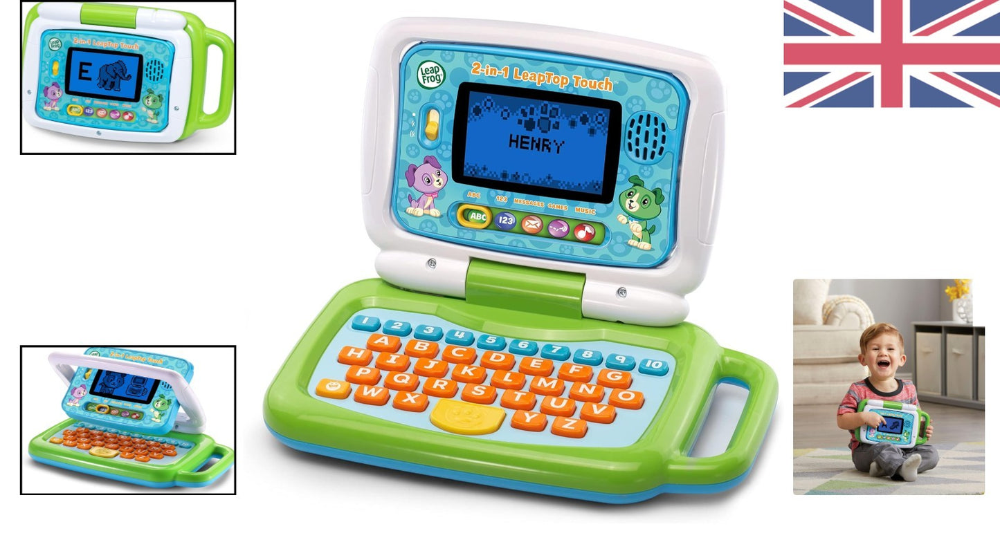 LeapFrog 2-in-1 LeapTop Touch Laptop – Green Learning Tablet for Kids Ages 2+ with 10 Modes of Play