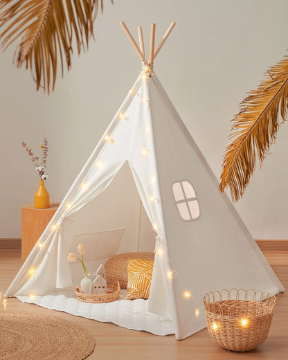 Kids Teepee Tent with Padded Mat, Fairy Lights & Carry Bag – Indoor Play Tent Ages 3+
