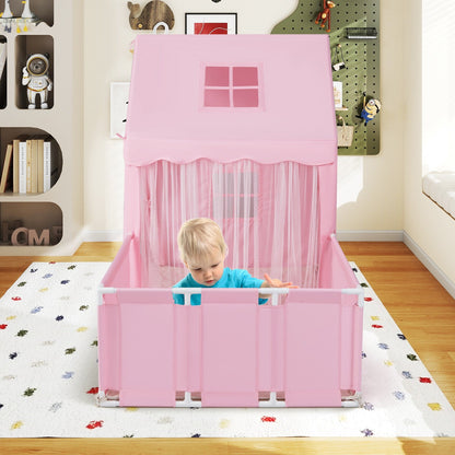 COSTWAY Kids 2-in-1 Play Tent & Toddler Playpen – Pink Indoor Playhouse for Kids Ages 1–5